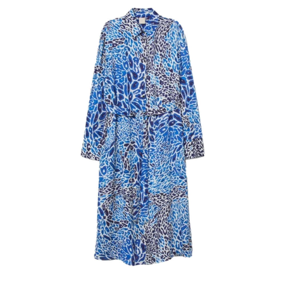H&M Midi Shirt Dress Abstract Collared Tie Front Wide Cuff Side Slit Blue White